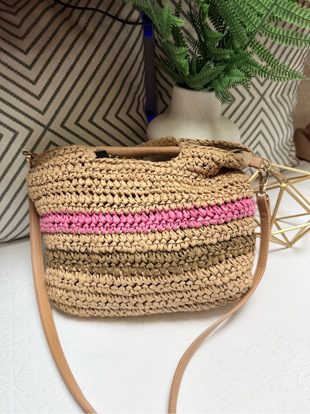 Banana Republic Woven Straw Crossbody with Pink Stripe
